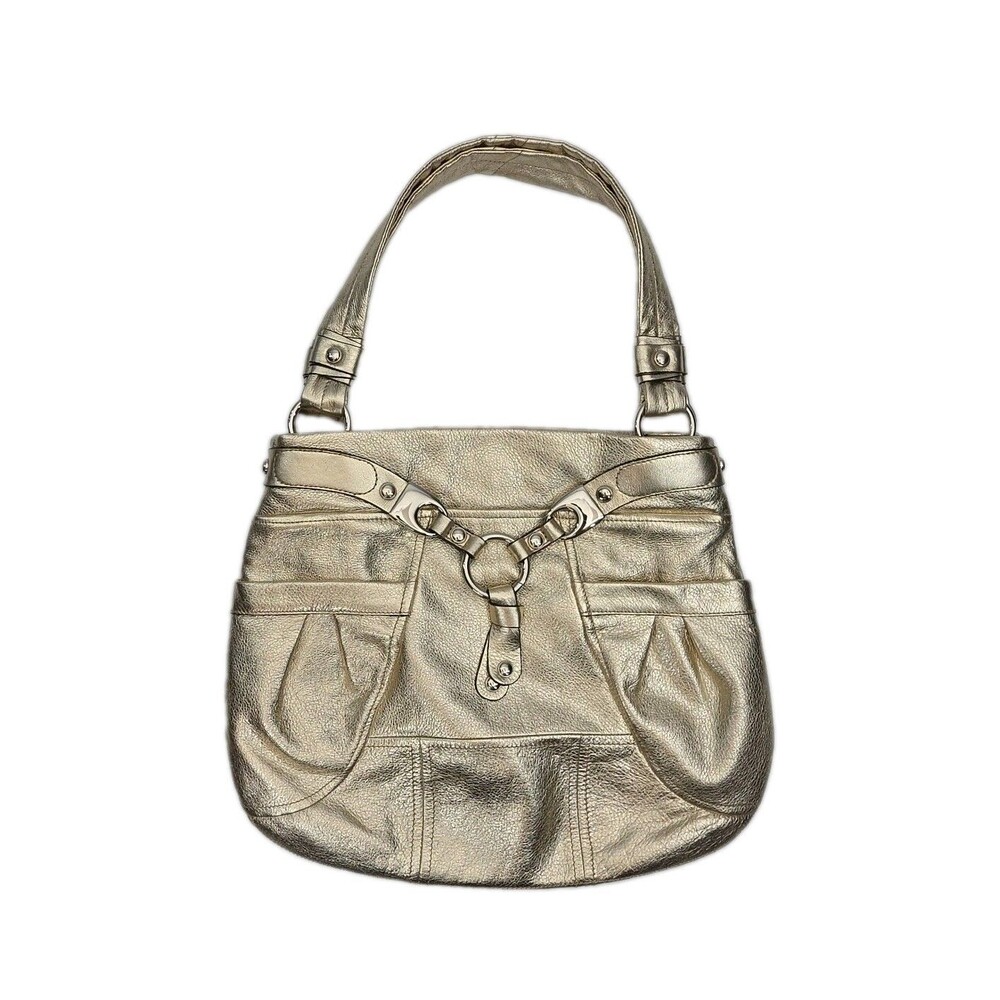 B Makowsky Purse Gold Leather Shoulder Hobo Bag Large 16.5x13.5 Double Strap Y2K
